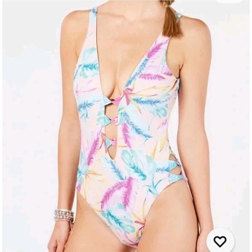 Bar III Copacabana Twist Front One Piece Swimsuit Green Purple‎ Medium XL